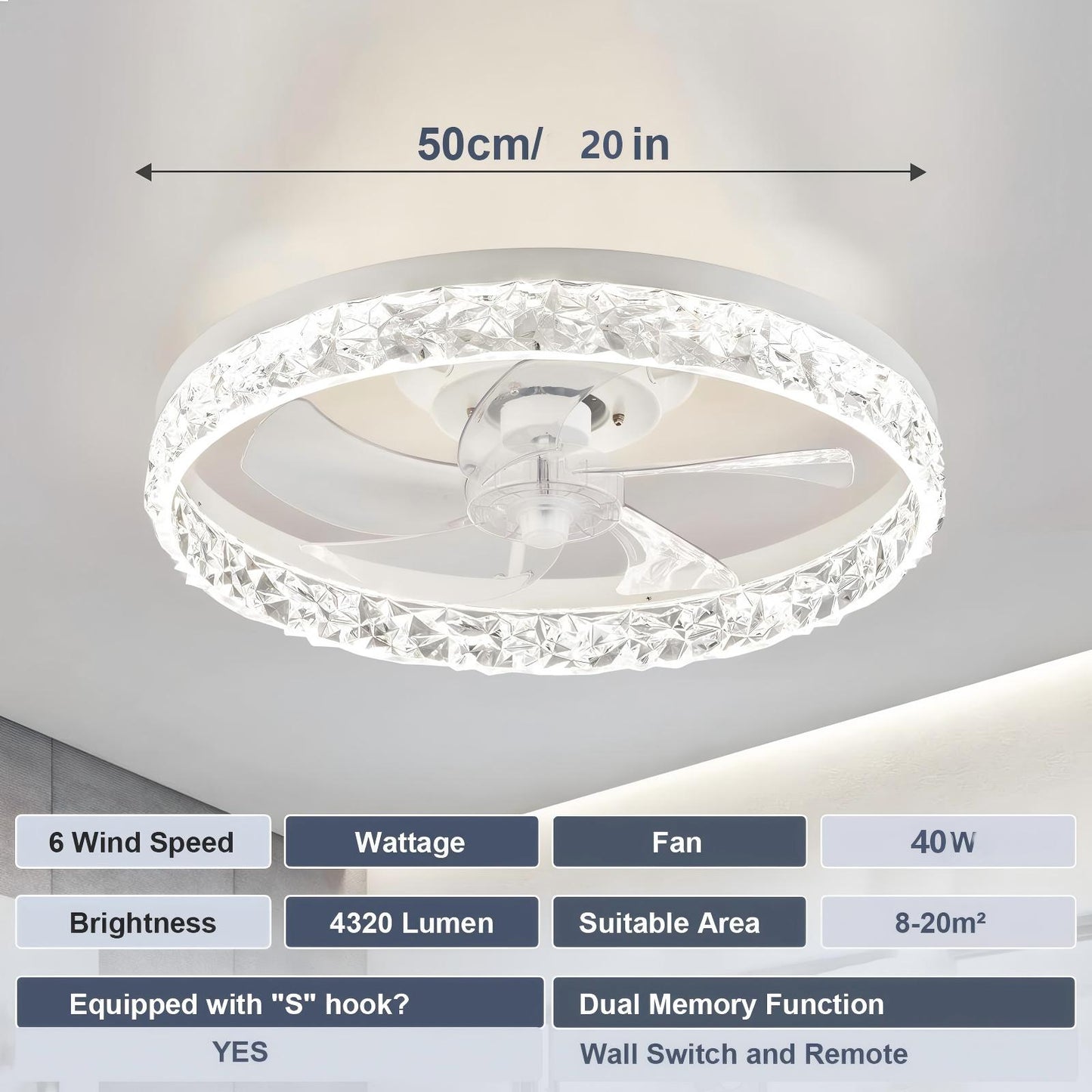 Lámpara Ventilador Techo LED 20", Motor DC 30W, 6 Velocidades, CCT Ajustable 3000K-6000K, Blanco