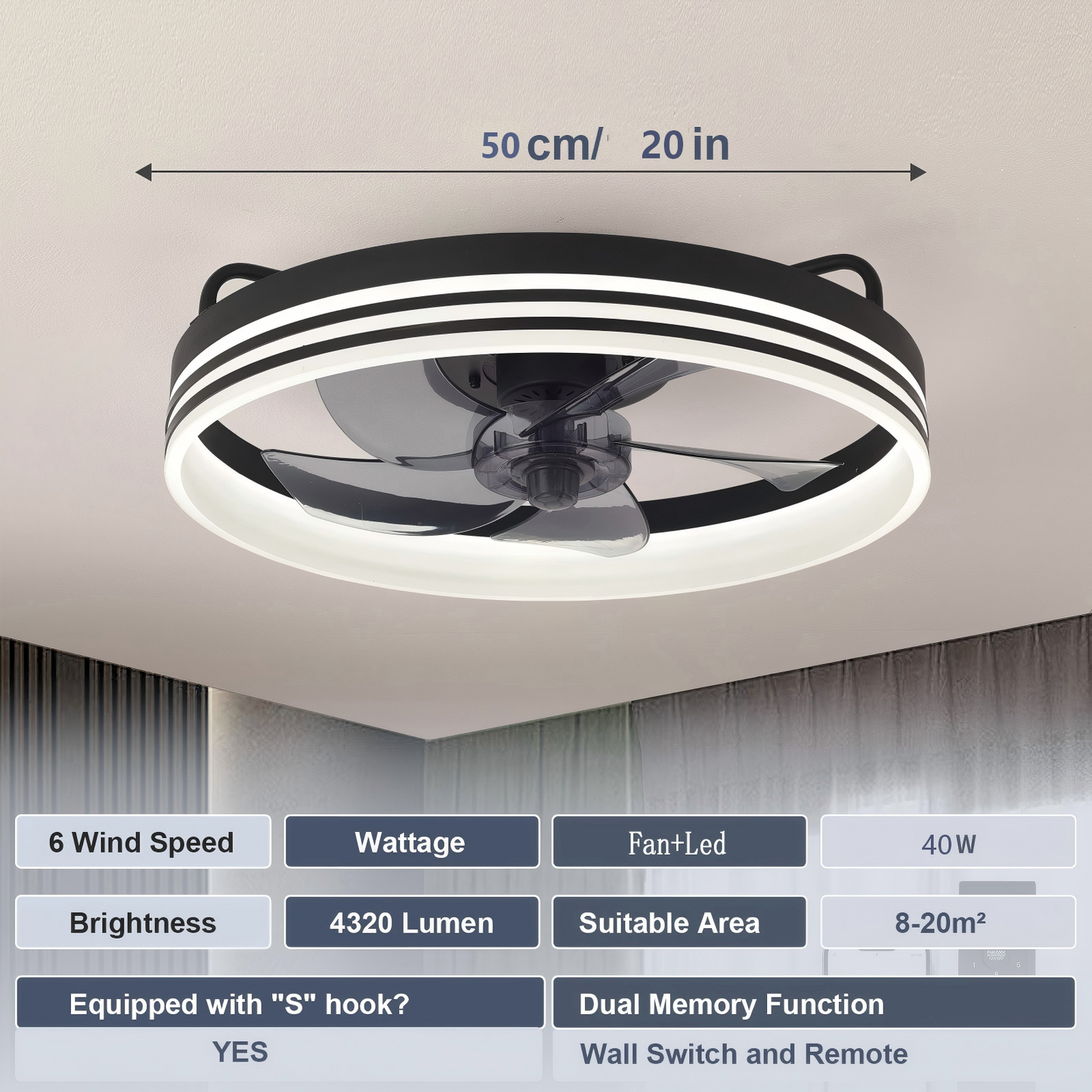 Lámpara Ventilador Techo LED 20", Motor DC 30W, 6 Velocidades, CCT Ajustable 3000K-6000K, Blanco/Negro