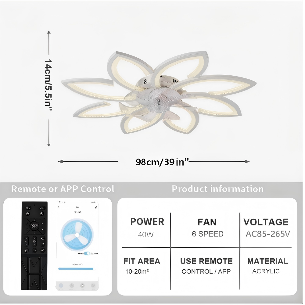Ventilador de techo LED de 39 pulgadas, Motor DC 30W, configuraciones de 6 velocidades, temperatura de color ajustable (3000 K-6000 K), diseño de ocho pétalos blancos.