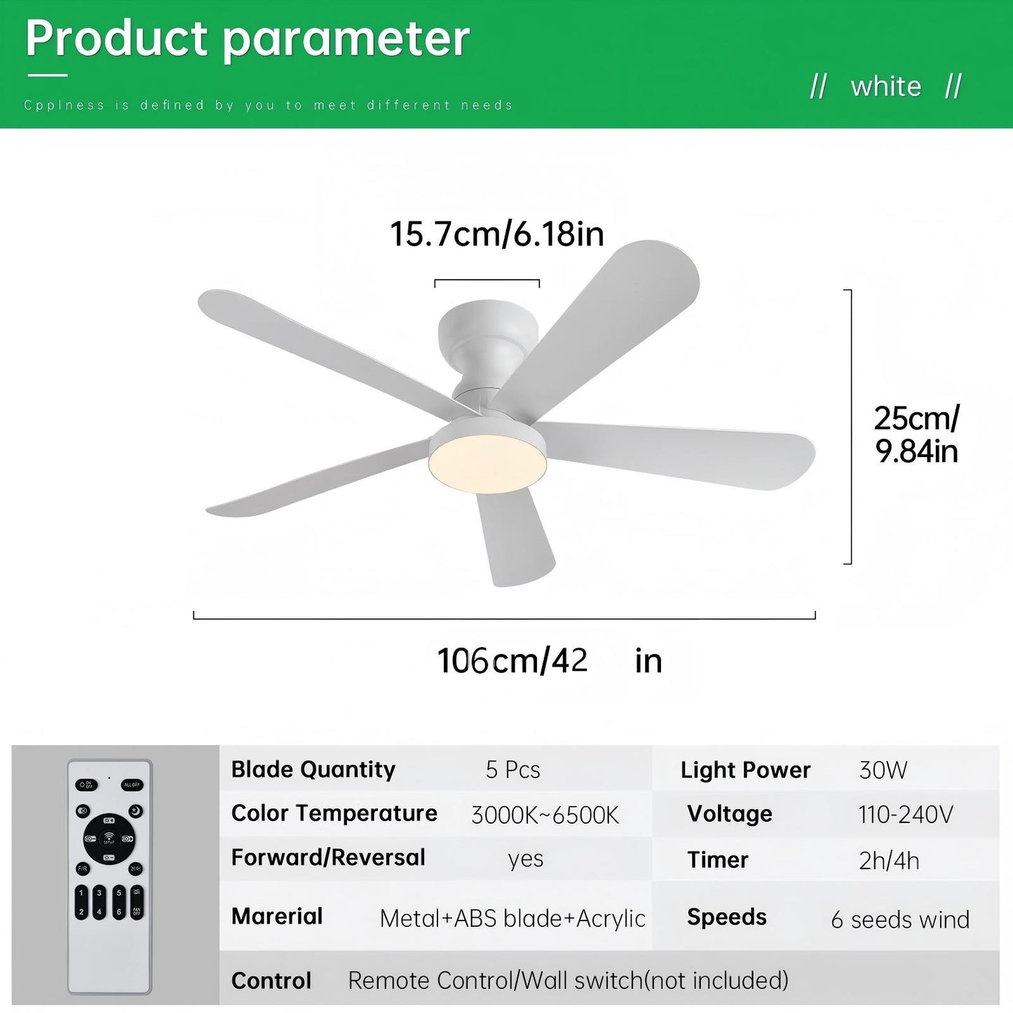 Ventilador de Techo LED 42" 5 Aspas, Motor DC 30W, 6 Velocidades, CCT Ajustable 3000K-6000K, IP20, Blanco/Madera Clara