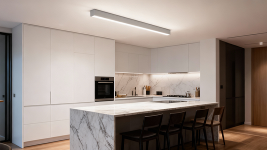 Modern g linear pendant light over kitchen island, minimalist lighting.