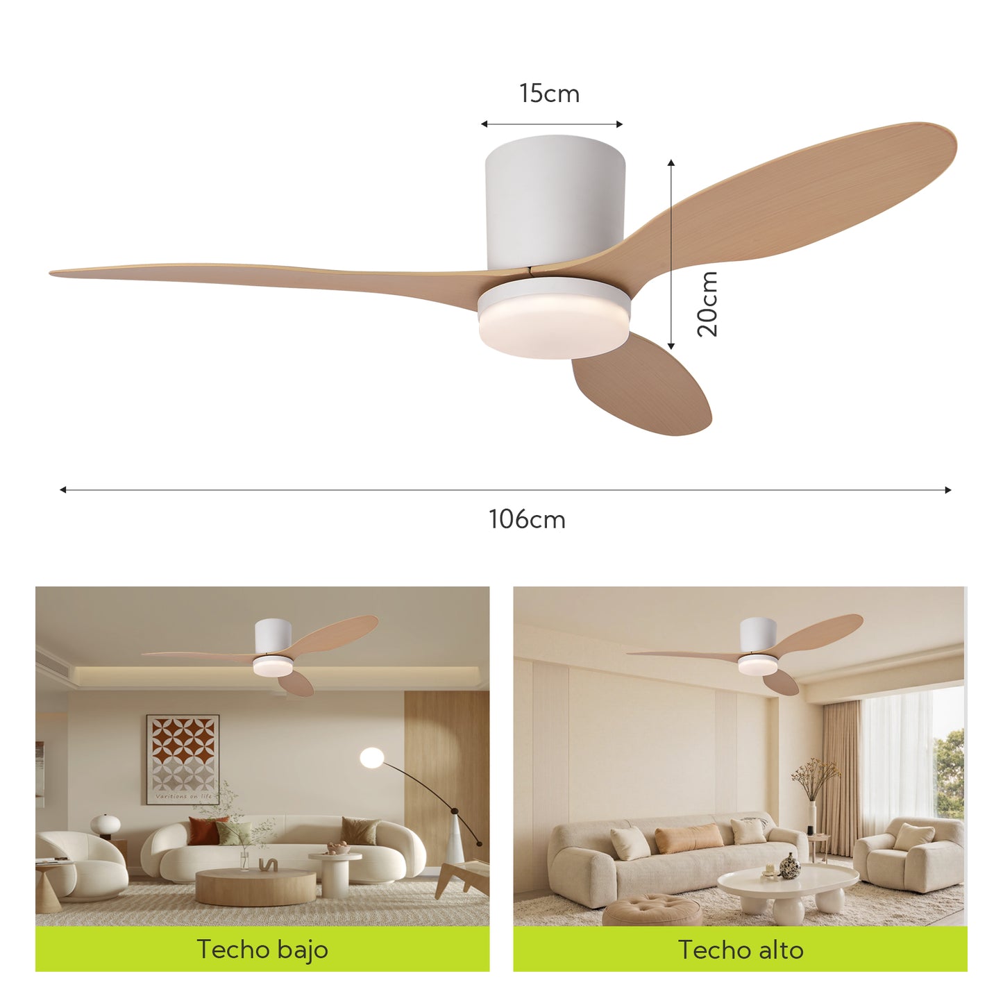 Ventilador de Techo LED Hola LED 42" – Luz Regulable 3000K-6000K, 85-265V, Blanco / Madera Claro / Negro / Nogal Negro