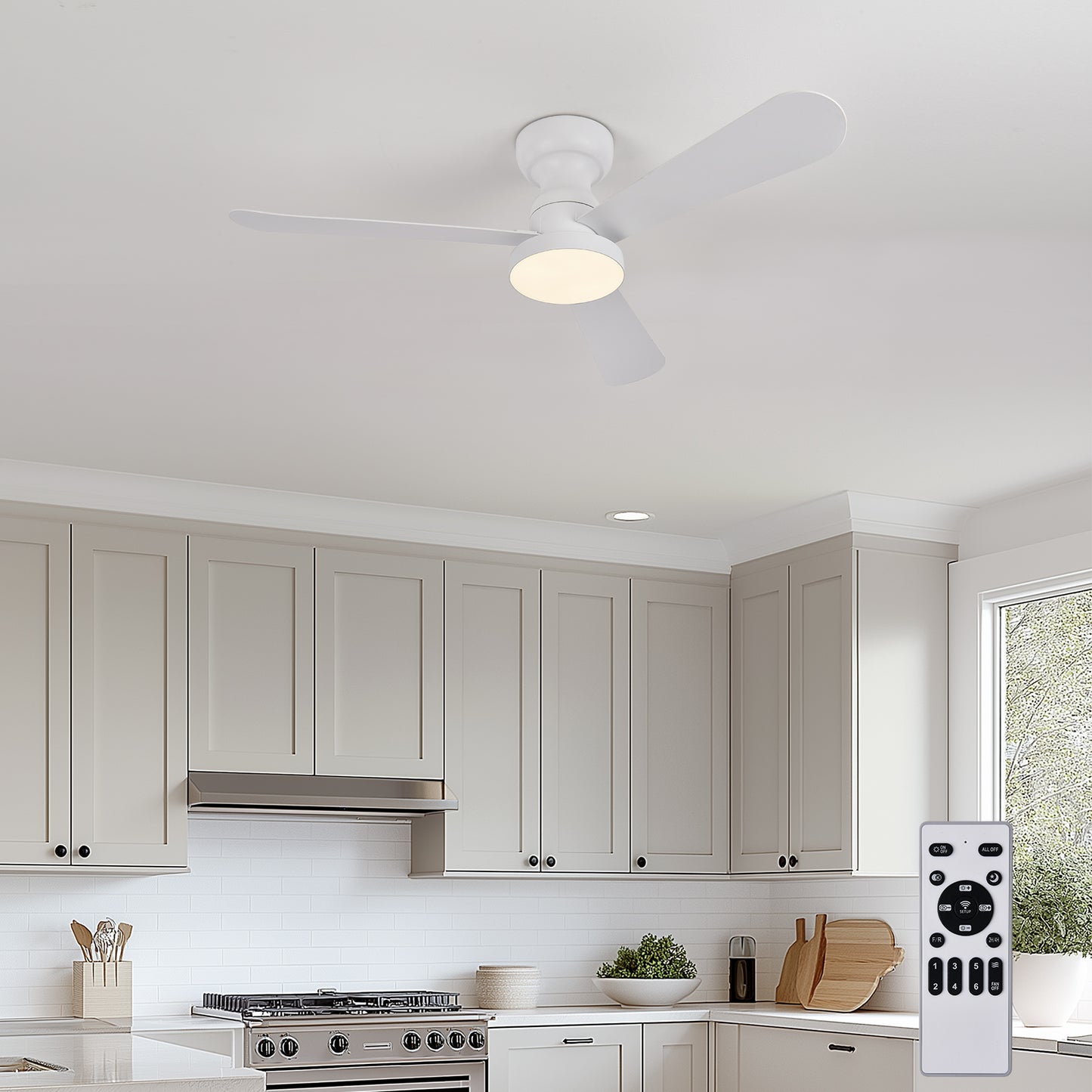 Ventilador de Techo LED 42"3 Aspas, Motor DC 30W, 6 Velocidades, CCT Ajustable 3000K-6000K, IP20, Blanco/Madera Clara