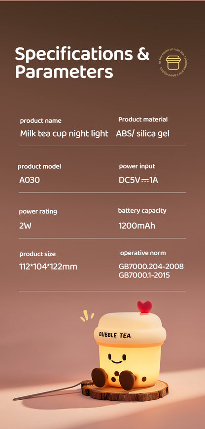 Lámpara de Noche Taza de Té con Leche – LED Recargable 5V, 2W, Silicona y ABS