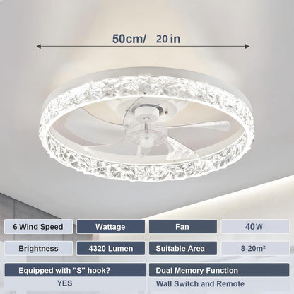 Lámpara Ventilador Techo LED 20",  Motor DC 30W, 6 Velocidades, CCT Ajustable 3000K-6000K, Blanco