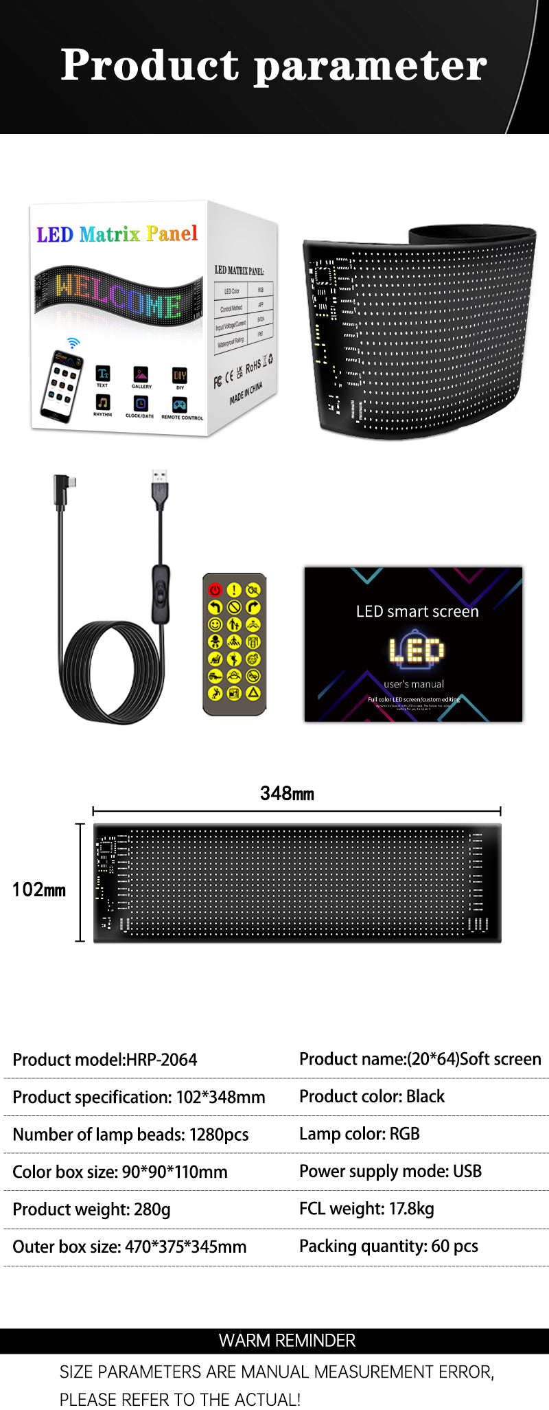 Pantalla LED Flexible 20×64 RGB2121 1280 LEDs | APP + Bluetooth | IP65