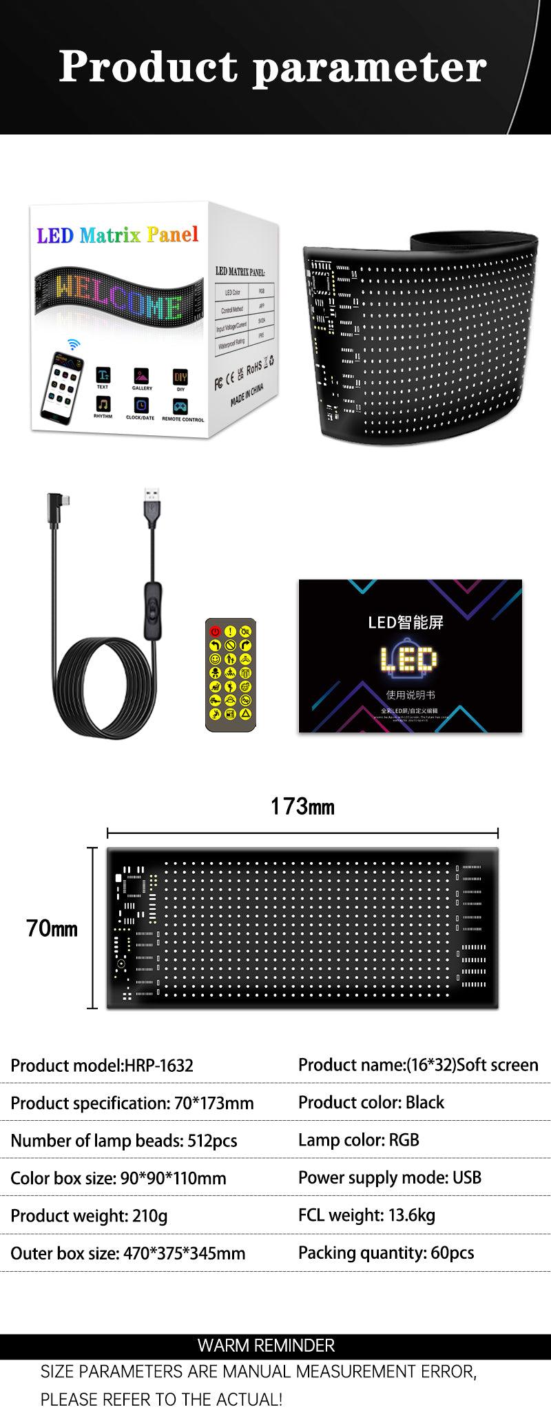 Pantalla LED 16×32 RGB2121 512 LEDs | USB 5V | Impermeable IP65