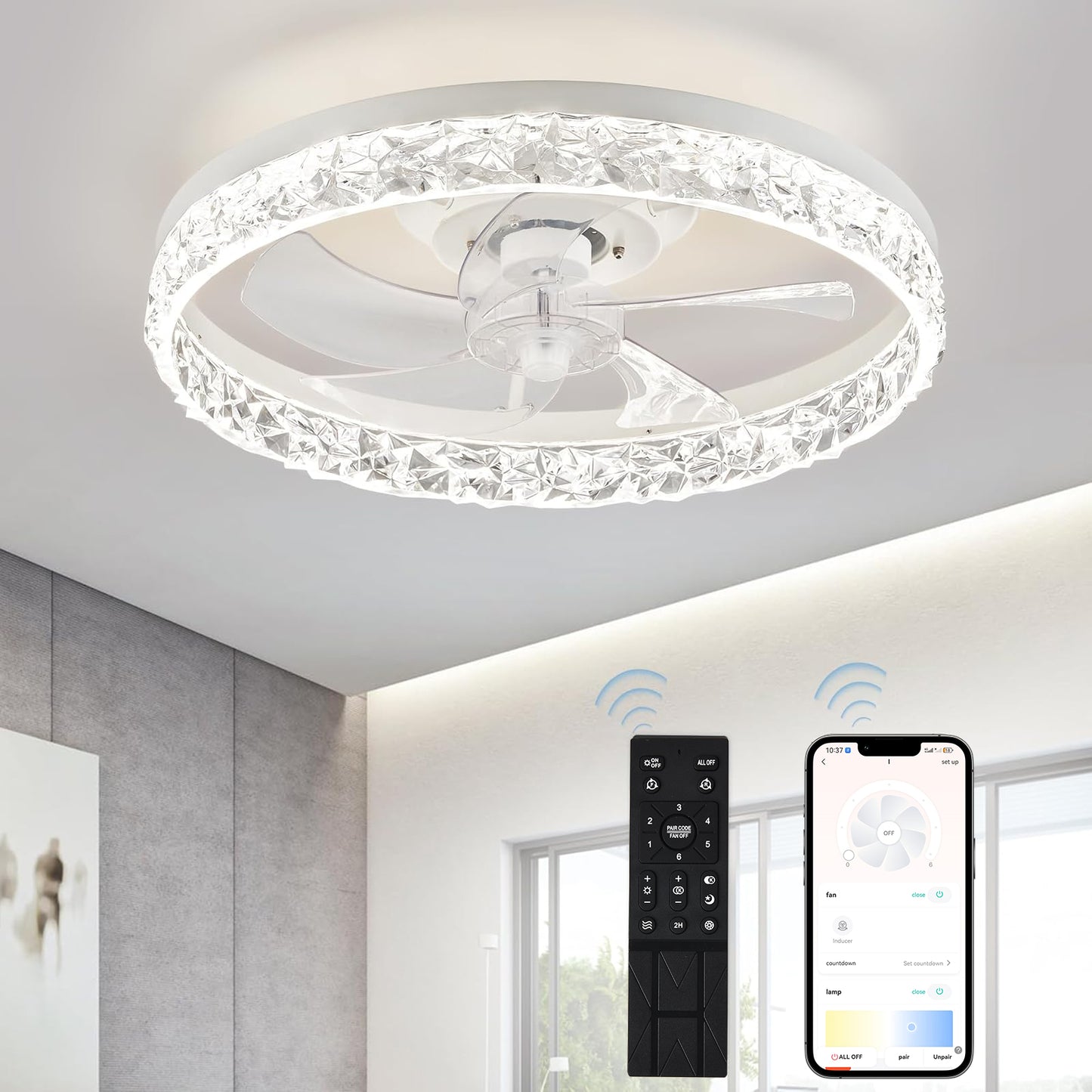 Lámpara Ventilador Techo LED 20",  Motor DC 30W, 6 Velocidades, CCT Ajustable 3000K-6000K, Blanco