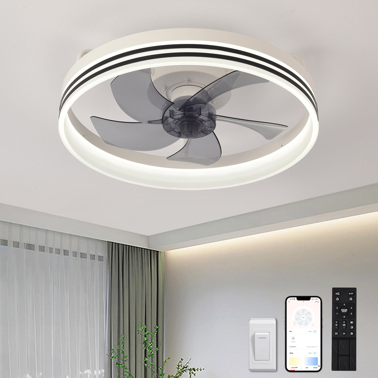 Lámpara Ventilador Techo LED 20",  Motor DC 30W, 6 Velocidades, CCT Ajustable 3000K-6000K, Blanco/Negro