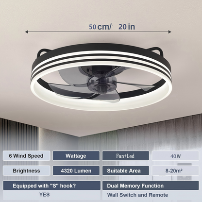Lámpara Ventilador Techo LED 20",  Motor DC 30W, 6 Velocidades, CCT Ajustable 3000K-6000K, Blanco/Negro