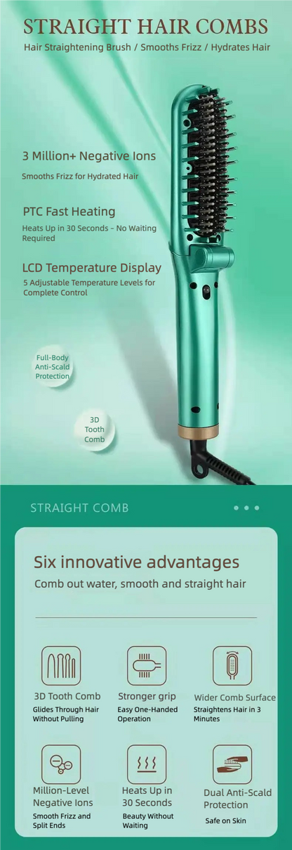Cepillo Alisador de Pelo con Iones Negativos – Anti-Quemaduras, Calentamiento Rápido, Plegable y Portátil