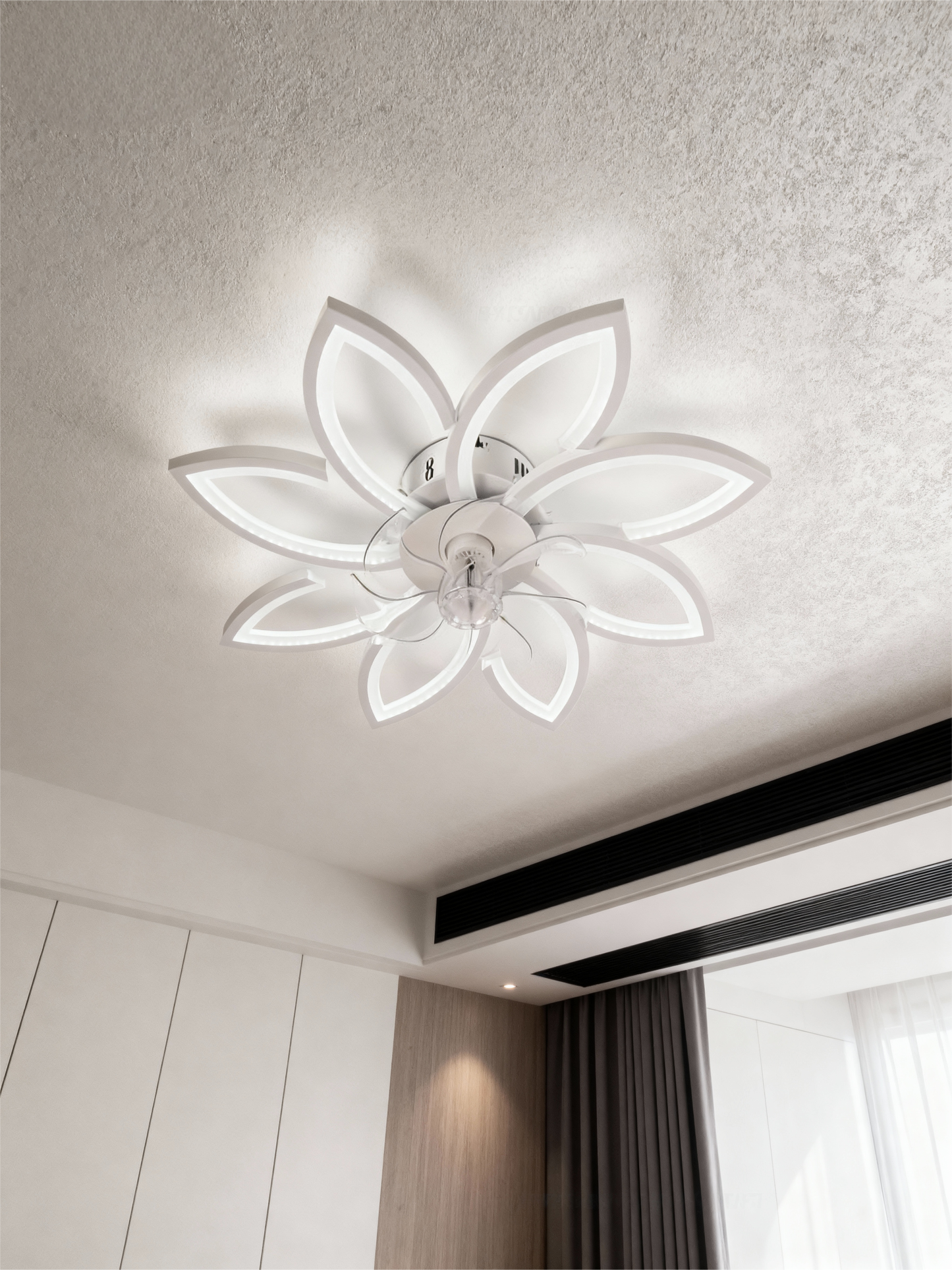 Ventilador de techo LED de 39 pulgadas, Motor DC 30W, configuraciones de 6 velocidades, temperatura de color ajustable (3000 K-6000 K), diseño de ocho pétalos blancos.