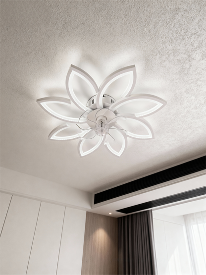 Ventilador de techo LED de 39 pulgadas, Motor DC 30W, configuraciones de 6 velocidades, temperatura de color ajustable (3000 K-6000 K), diseño de ocho pétalos blancos.
