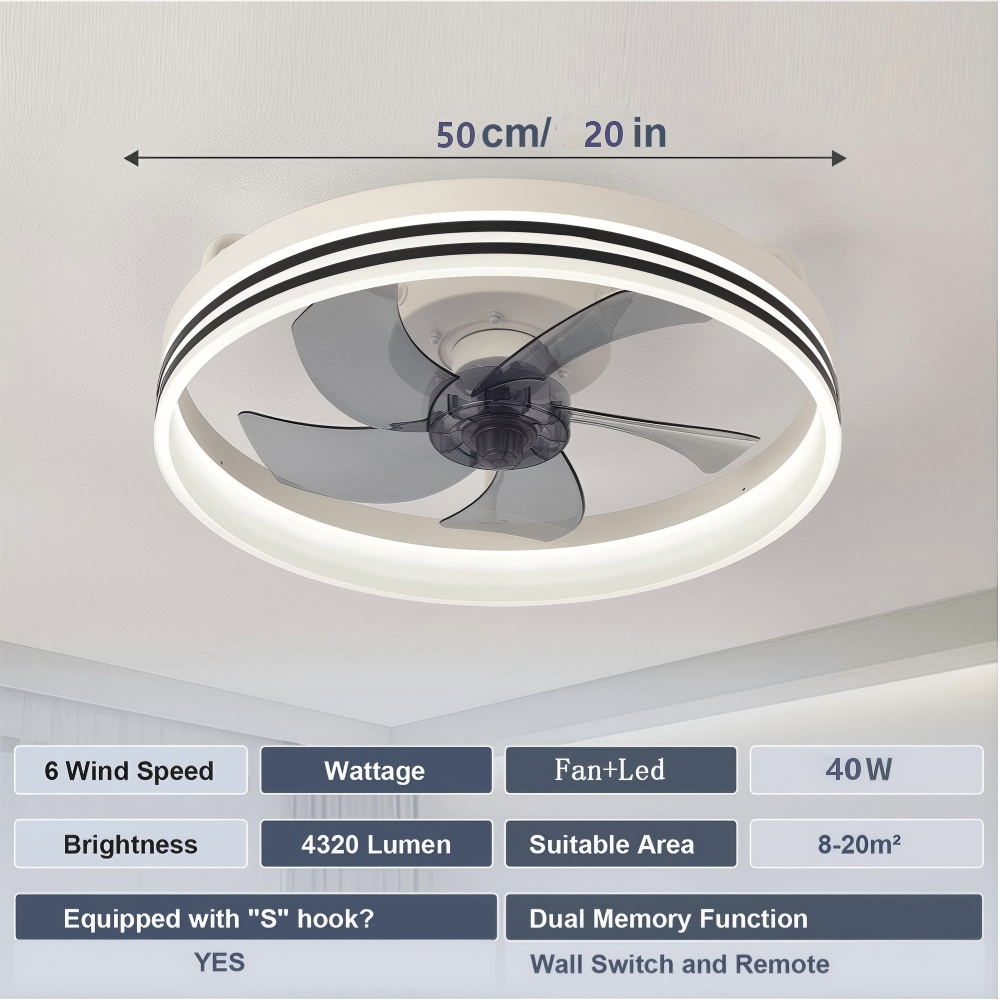 Lámpara Ventilador Techo LED 20",  Motor DC 30W, 6 Velocidades, CCT Ajustable 3000K-6000K, Blanco/Negro