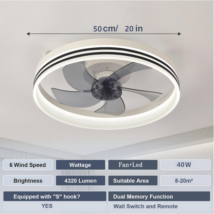 Lámpara Ventilador Techo LED 20",  Motor DC 30W, 6 Velocidades, CCT Ajustable 3000K-6000K, Blanco/Negro