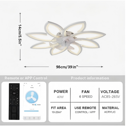 Ventilador de techo LED de 39 pulgadas, Motor DC 30W, configuraciones de 6 velocidades, temperatura de color ajustable (3000 K-6000 K), diseño de ocho pétalos blancos.
