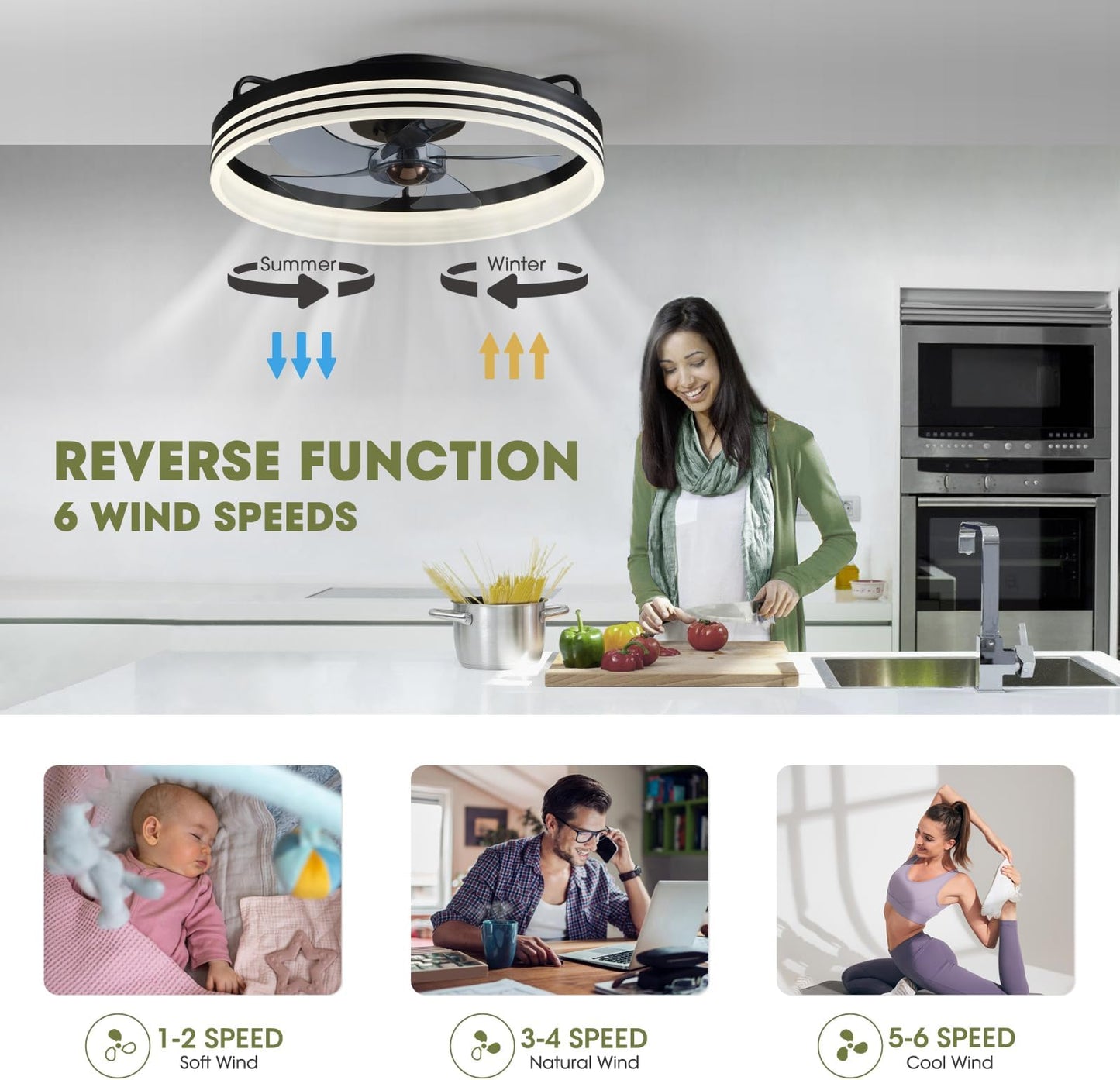 Lámpara Ventilador Techo LED 20",  Motor DC 30W, 6 Velocidades, CCT Ajustable 3000K-6000K, Blanco/Negro