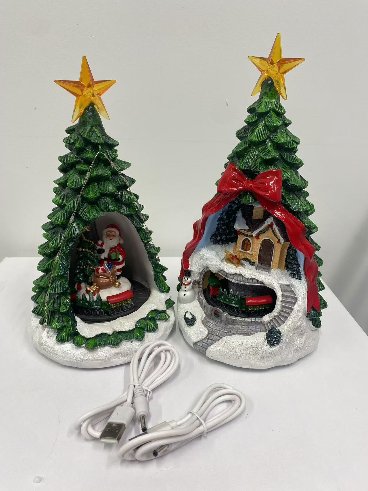 Decoración navideña LED con música – Árbol de Navidad y casita de nieve USB