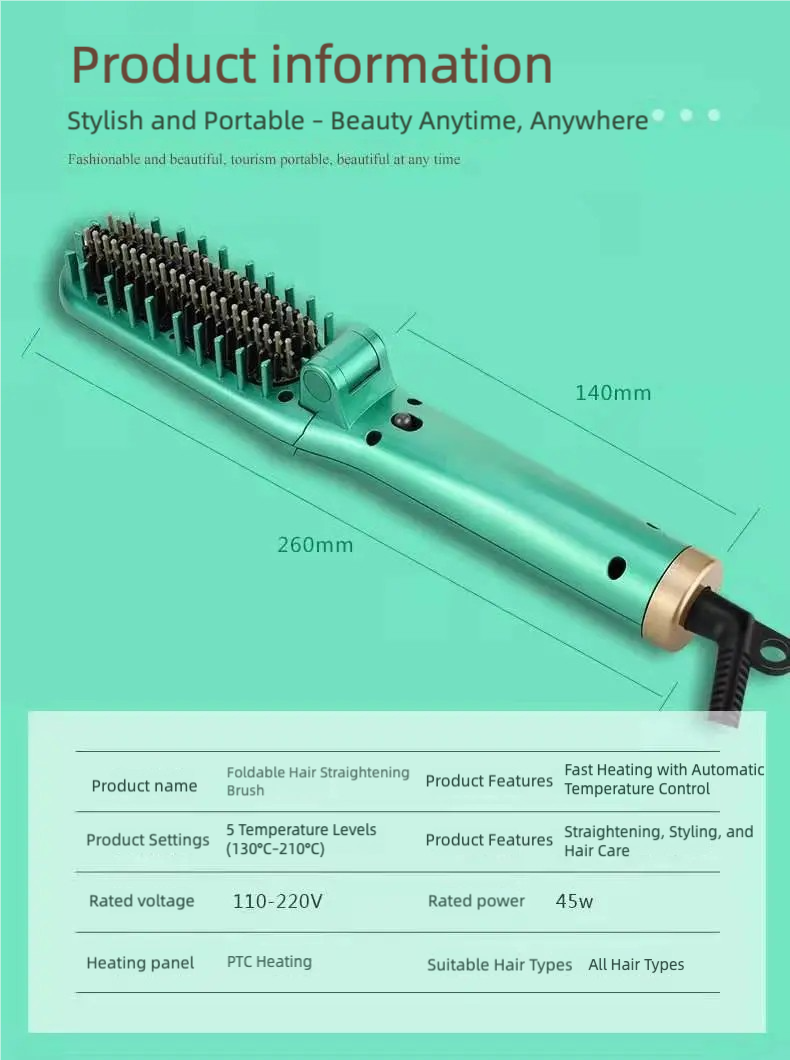 Cepillo Alisador de Pelo con Iones Negativos – Anti-Quemaduras, Calentamiento Rápido, Plegable y Portátil