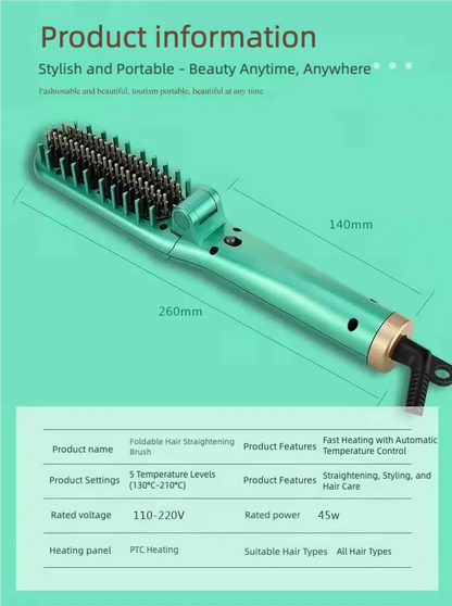 Cepillo Alisador de Pelo con Iones Negativos – Anti-Quemaduras, Calentamiento Rápido, Plegable y Portátil