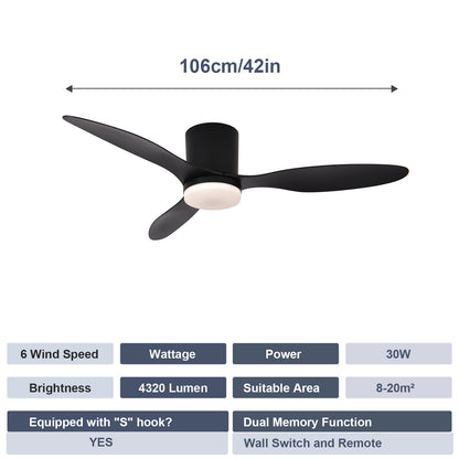 Ventilador de Techo LED Hola LED 42" – Luz Regulable 3000K-6000K, 85-265V, Blanco / Madera Claro / Negro / Nogal Negro