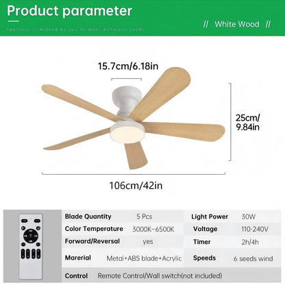 Ventilador de Techo LED 42" 5 Aspas, Motor DC 30W, 6 Velocidades, CCT Ajustable 3000K-6000K, IP20, Blanco/Madera Clara