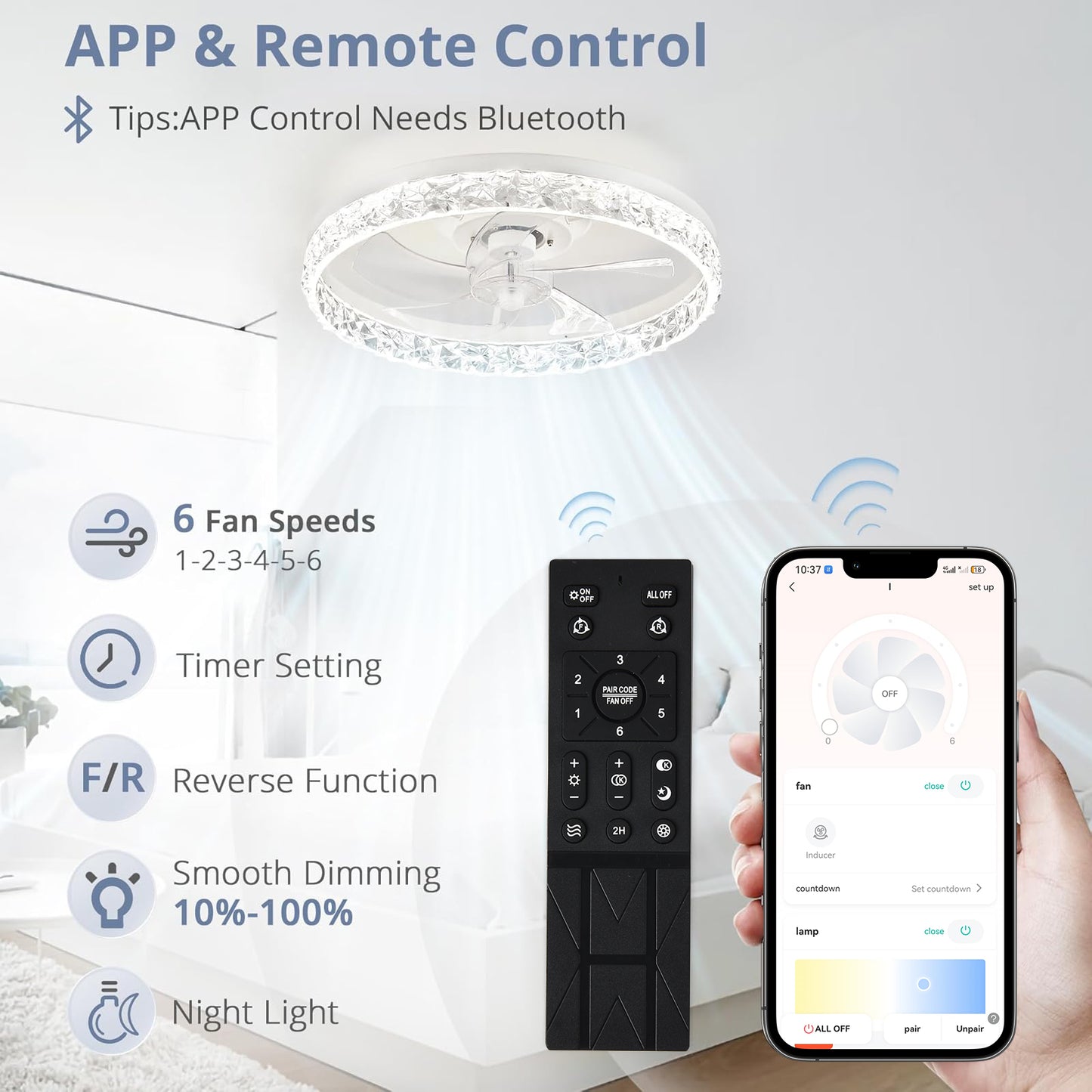 Lámpara Ventilador Techo LED 20",  Motor DC 30W, 6 Velocidades, CCT Ajustable 3000K-6000K, Blanco