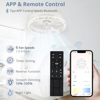 Lámpara Ventilador Techo LED 20",  Motor DC 30W, 6 Velocidades, CCT Ajustable 3000K-6000K, Blanco