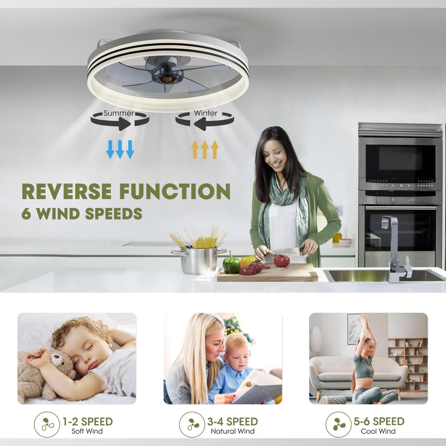 Lámpara Ventilador Techo LED 20",  Motor DC 30W, 6 Velocidades, CCT Ajustable 3000K-6000K, Blanco/Negro