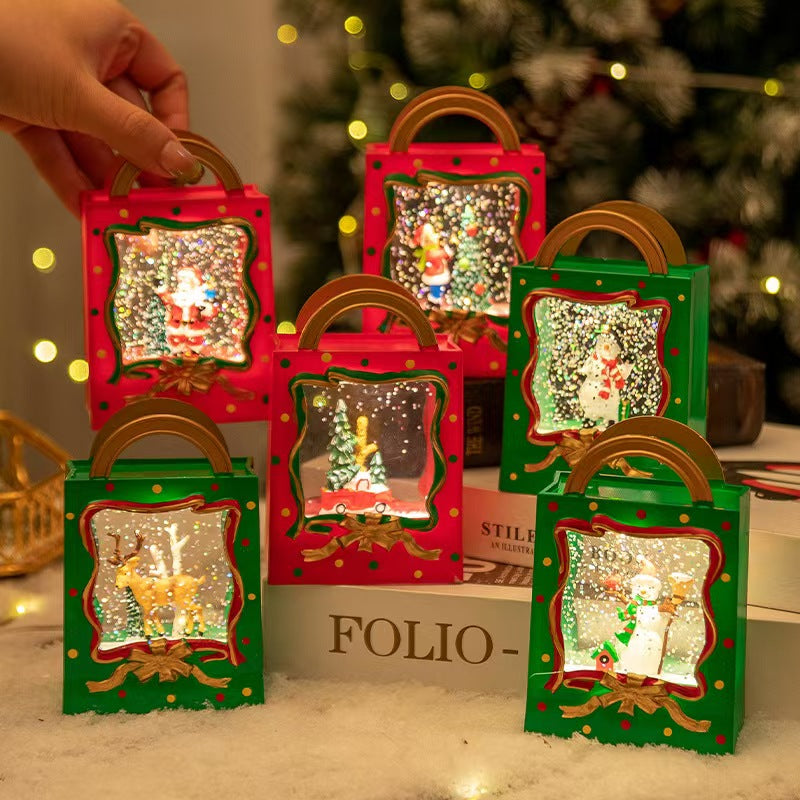 Decoración navideña LED con nieve – Bolsa de regalo con copos de nieve con batería