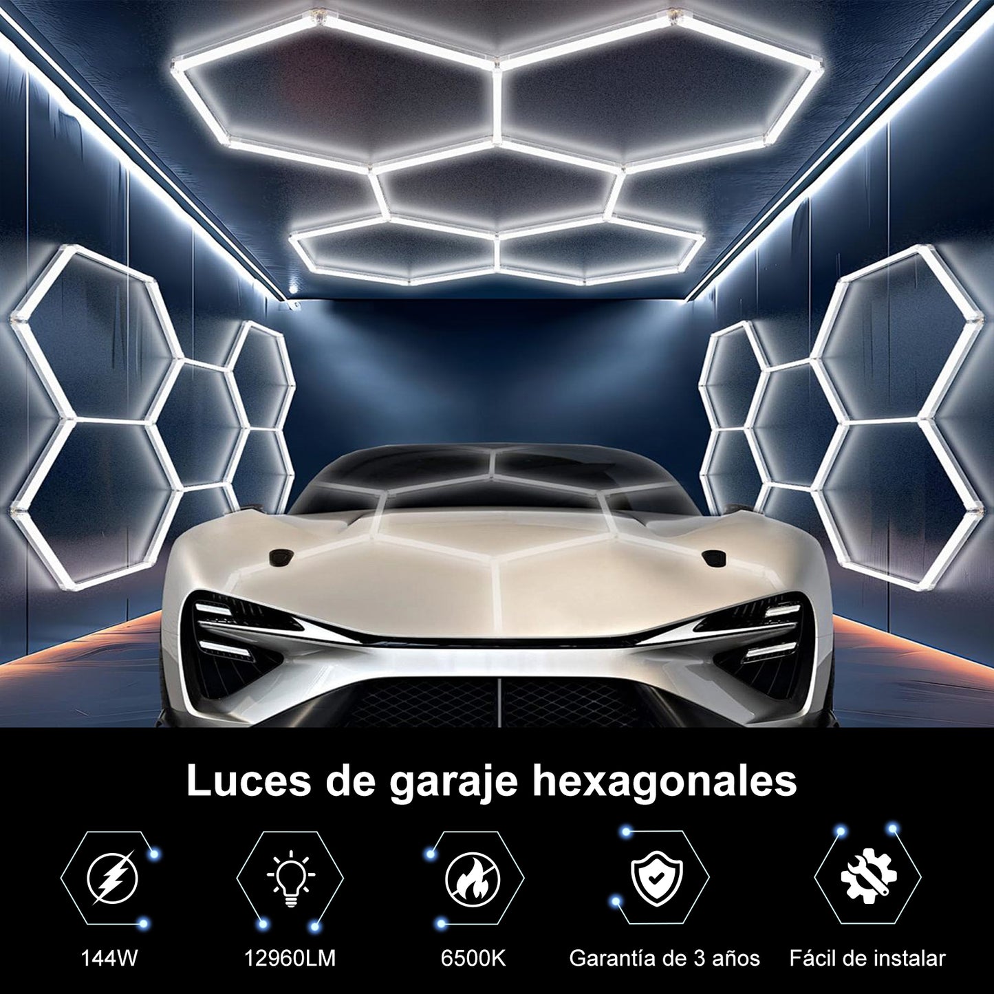 Lámpara LED Hexagonal Hola LED 144W – 5 Rejillas, 6500K, Carcasa Blanca, Luz de Techo Moderna, AC 85-265V