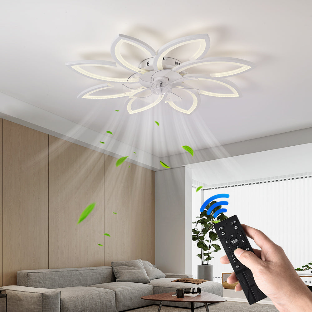 Ventilador de techo LED de 39 pulgadas, Motor DC 30W, configuraciones de 6 velocidades, temperatura de color ajustable (3000 K-6000 K), diseño de ocho pétalos blancos.