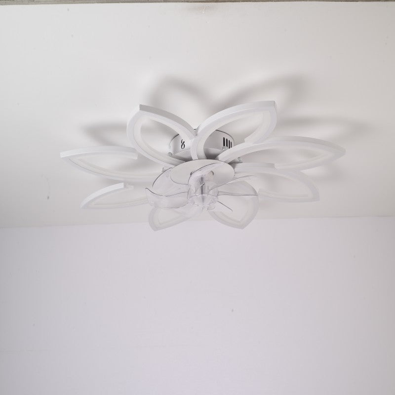 Ventilador de techo LED de 39 pulgadas, Motor DC 30W, configuraciones de 6 velocidades, temperatura de color ajustable (3000 K-6000 K), diseño de ocho pétalos blancos.