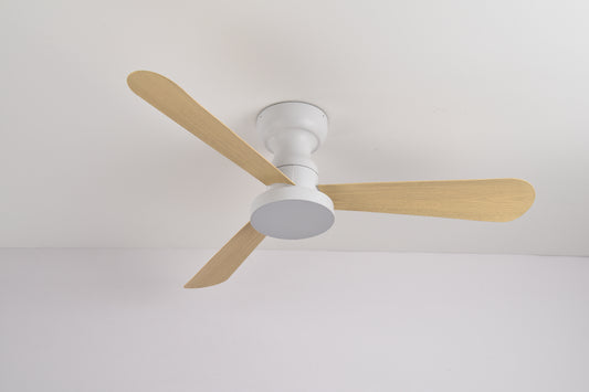 Ventilador de Techo LED 42"3 Aspas, Motor DC 30W, 6 Velocidades, CCT Ajustable 3000K-6000K, IP20, Blanco/Madera Clara
