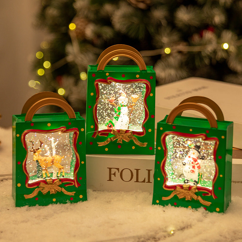 Decoración navideña LED con nieve – Bolsa de regalo con copos de nieve con batería