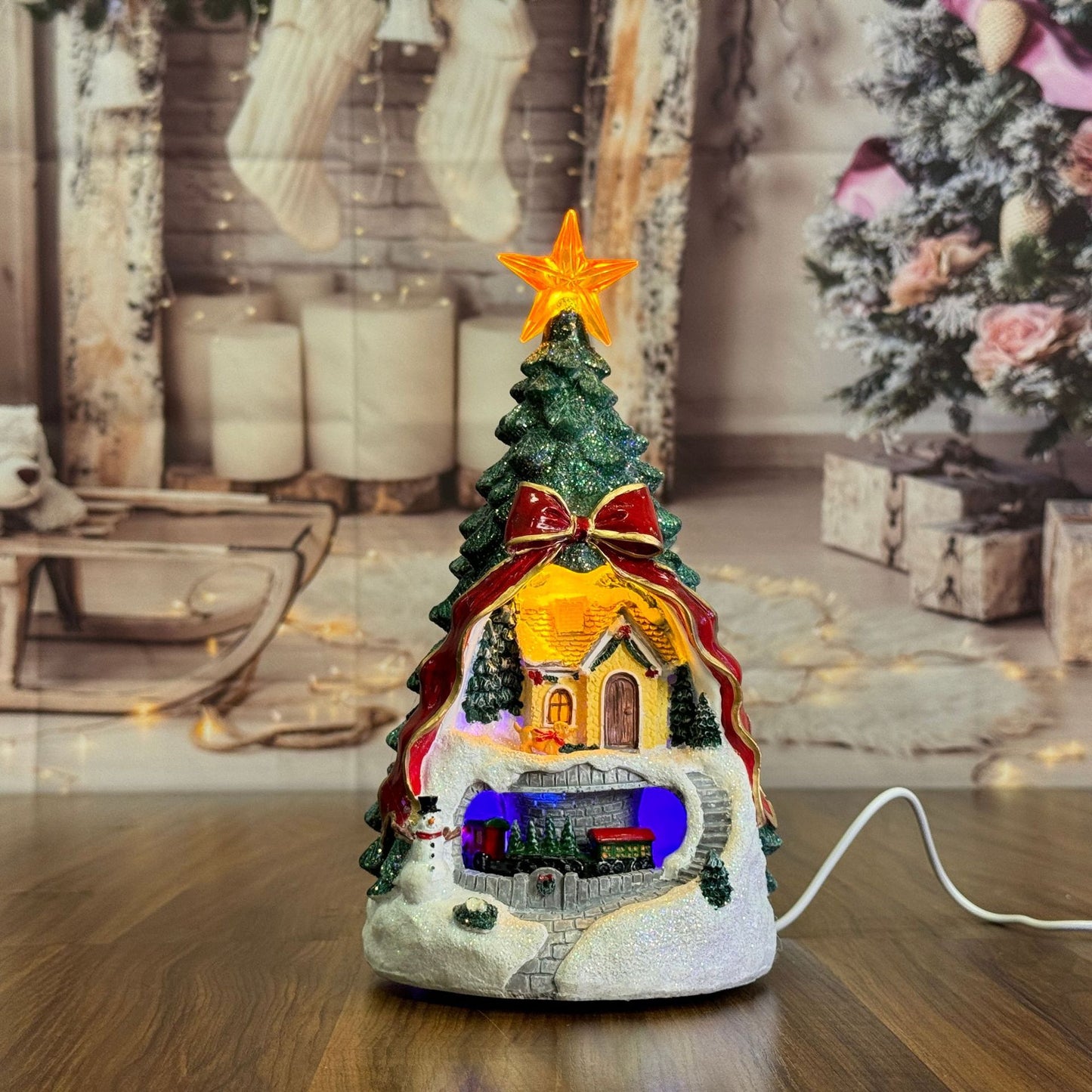Decoración navideña LED con música – Árbol de Navidad y casita de nieve USB