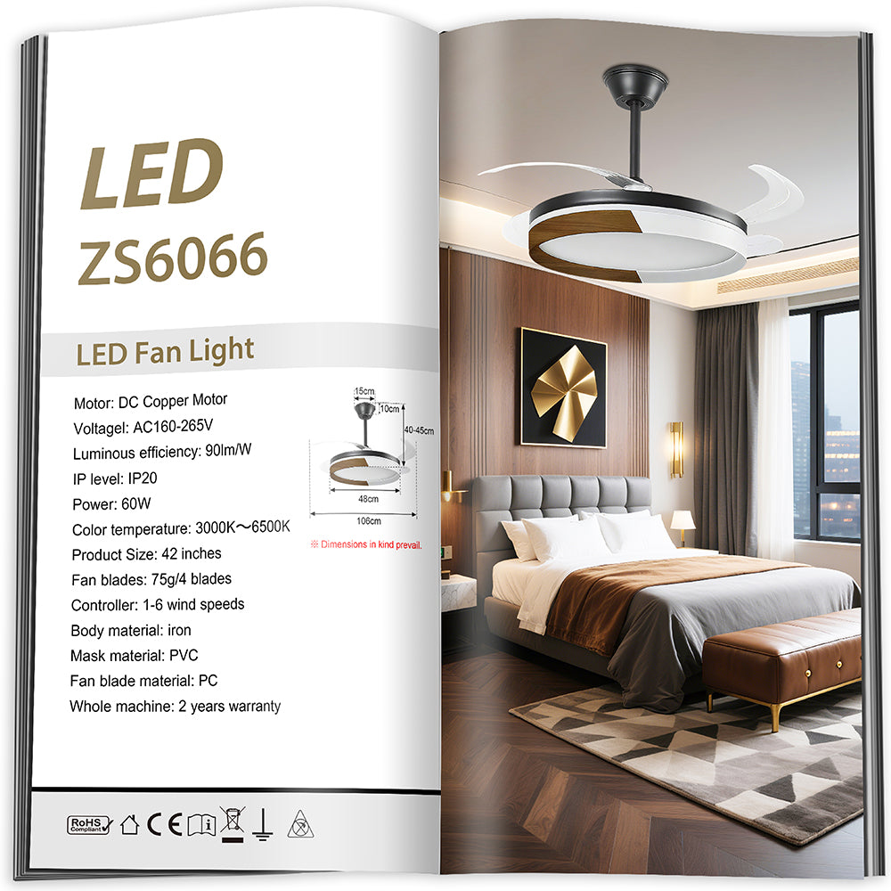 Ventilador de Techo LED 42" Hola LED – 60W, 6 Velocidades, Motor CC Silencioso y Regulable con Control Remoto