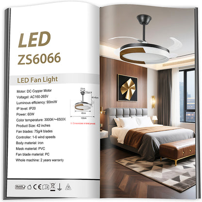 Ventilador de Techo LED 42" Hola LED – 60W, 6 Velocidades, Motor CC Silencioso y Regulable con Control Remoto