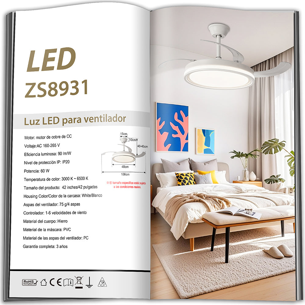 Ventilador de Techo LED 42" Hola LED ZS8931 – 60W, 6 Velocidades, Motor CC Silencioso y Regulable con Control Remoto