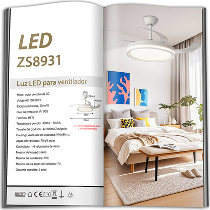 Ventilador de Techo LED 42" Hola LED ZS8931 – 60W, 6 Velocidades, Motor CC Silencioso y Regulable con Control Remoto