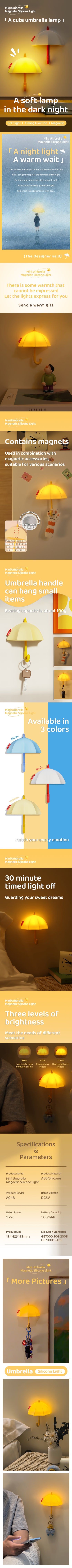 Lámpara de Noche Paraguas – LED Recargable 5V, 1.2W, Silicona y ABS, Magnética de Pared