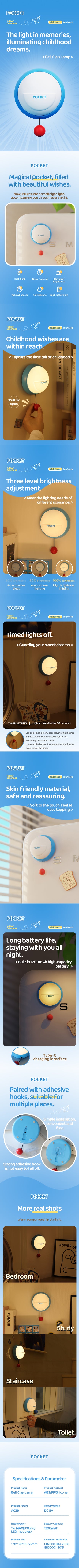 Lámpara de Noche Campana Pequeña – LED Recargable 5V, 1W, Silicona y ABS, Montaje en Pared