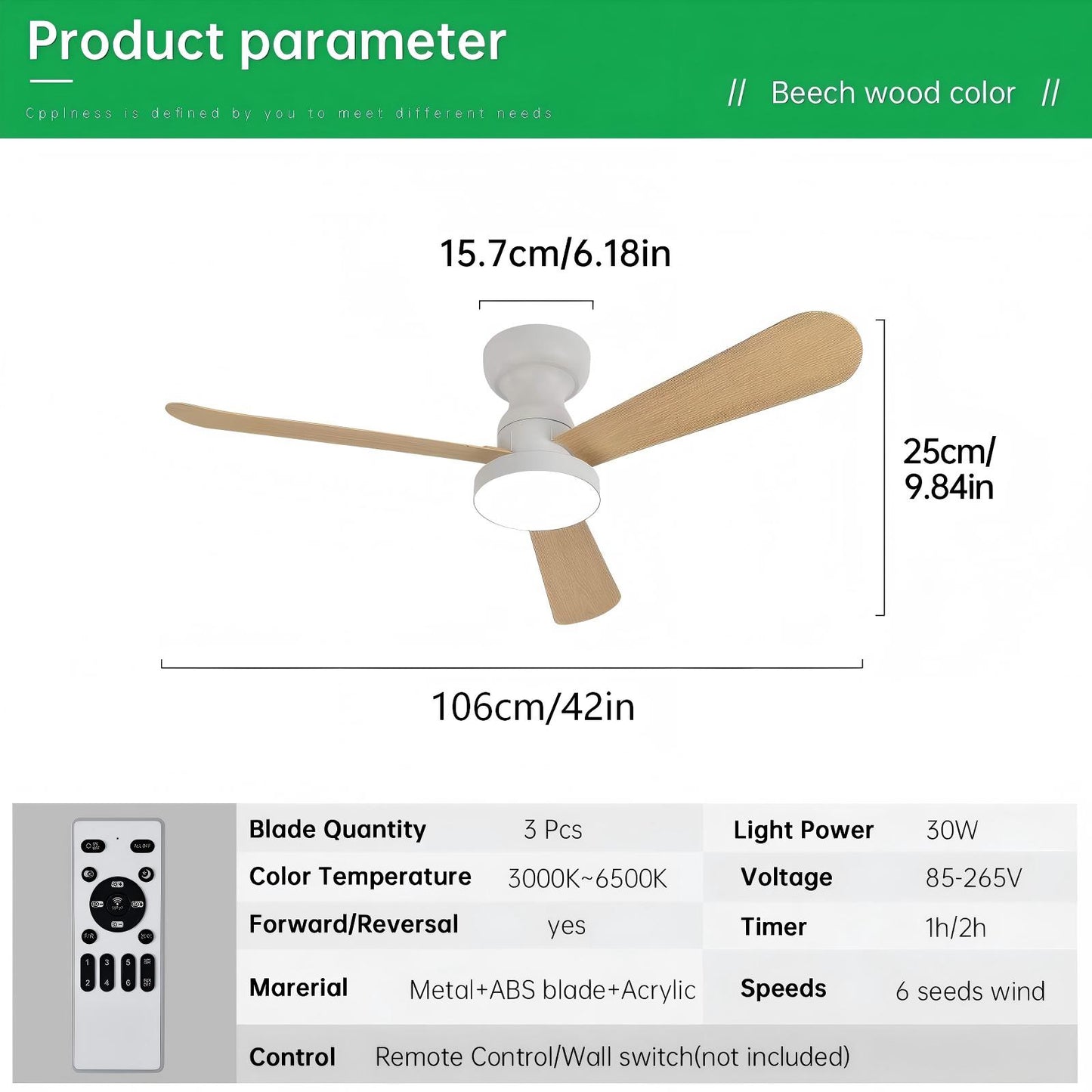 Ventilador de Techo LED 42"3 Aspas, Motor DC 30W, 6 Velocidades, CCT Ajustable 3000K-6000K, IP20, Blanco/Madera Clara