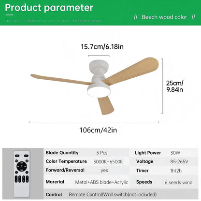 Ventilador de Techo LED 42"3 Aspas, Motor DC 30W, 6 Velocidades, CCT Ajustable 3000K-6000K, IP20, Blanco/Madera Clara