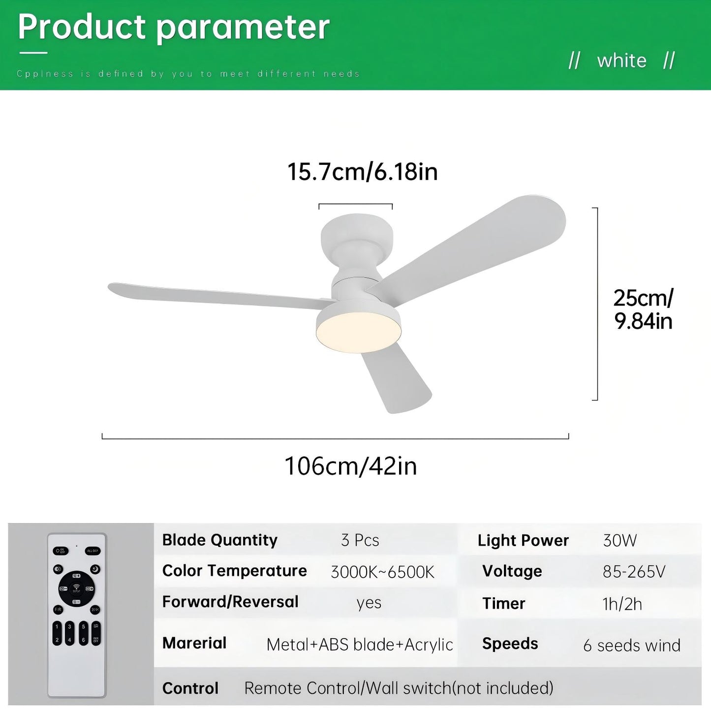Ventilador de Techo LED 42"3 Aspas, Motor DC 30W, 6 Velocidades, CCT Ajustable 3000K-6000K, IP20, Blanco/Madera Clara