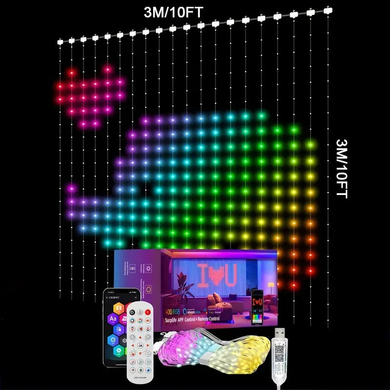 Luz Cortina LED RGB 201cm | Cambio de Color | Sincronización Musical | USB | Remoto | IP65