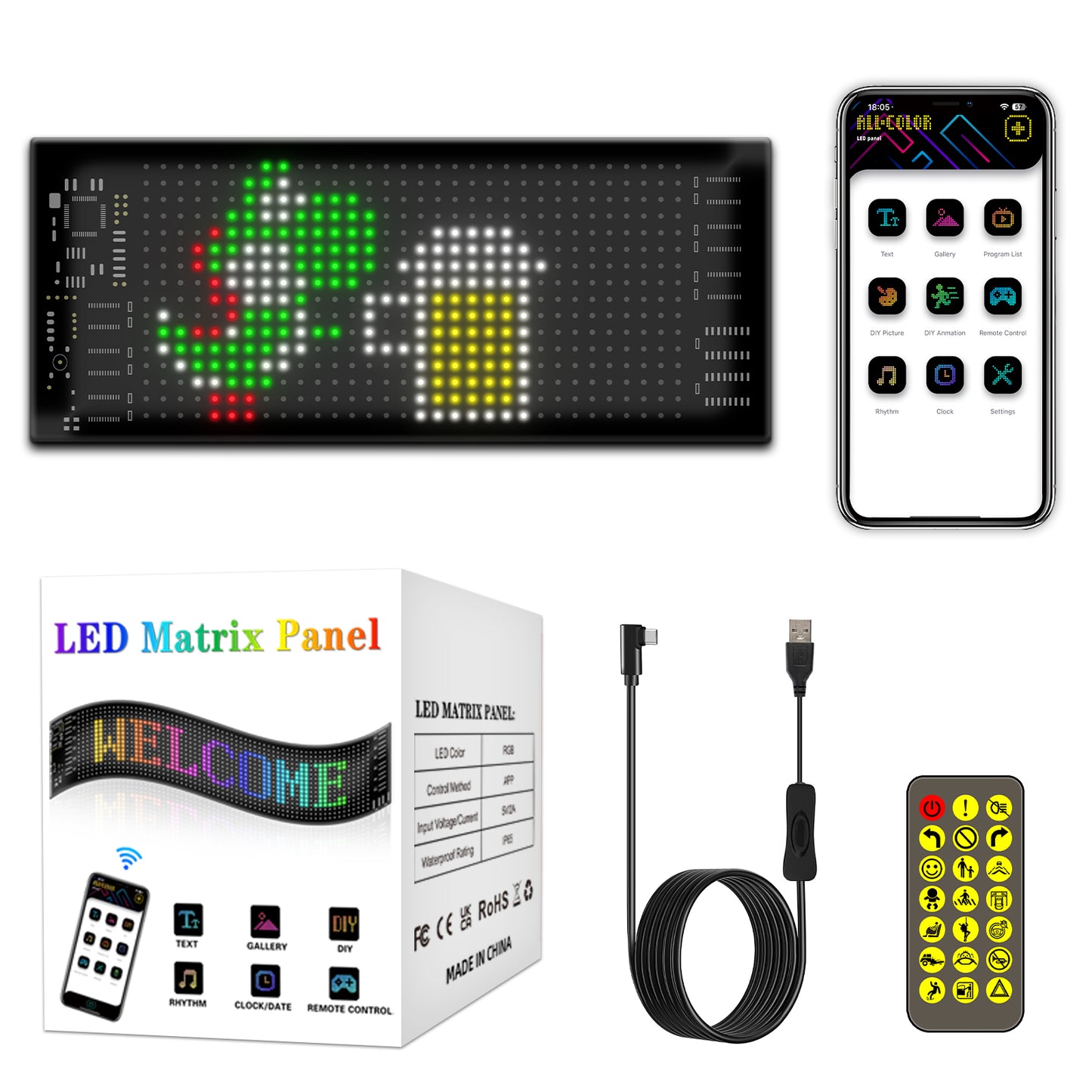 Pantalla LED 16×32 RGB2121 512 LEDs | USB 5V | Impermeable IP65