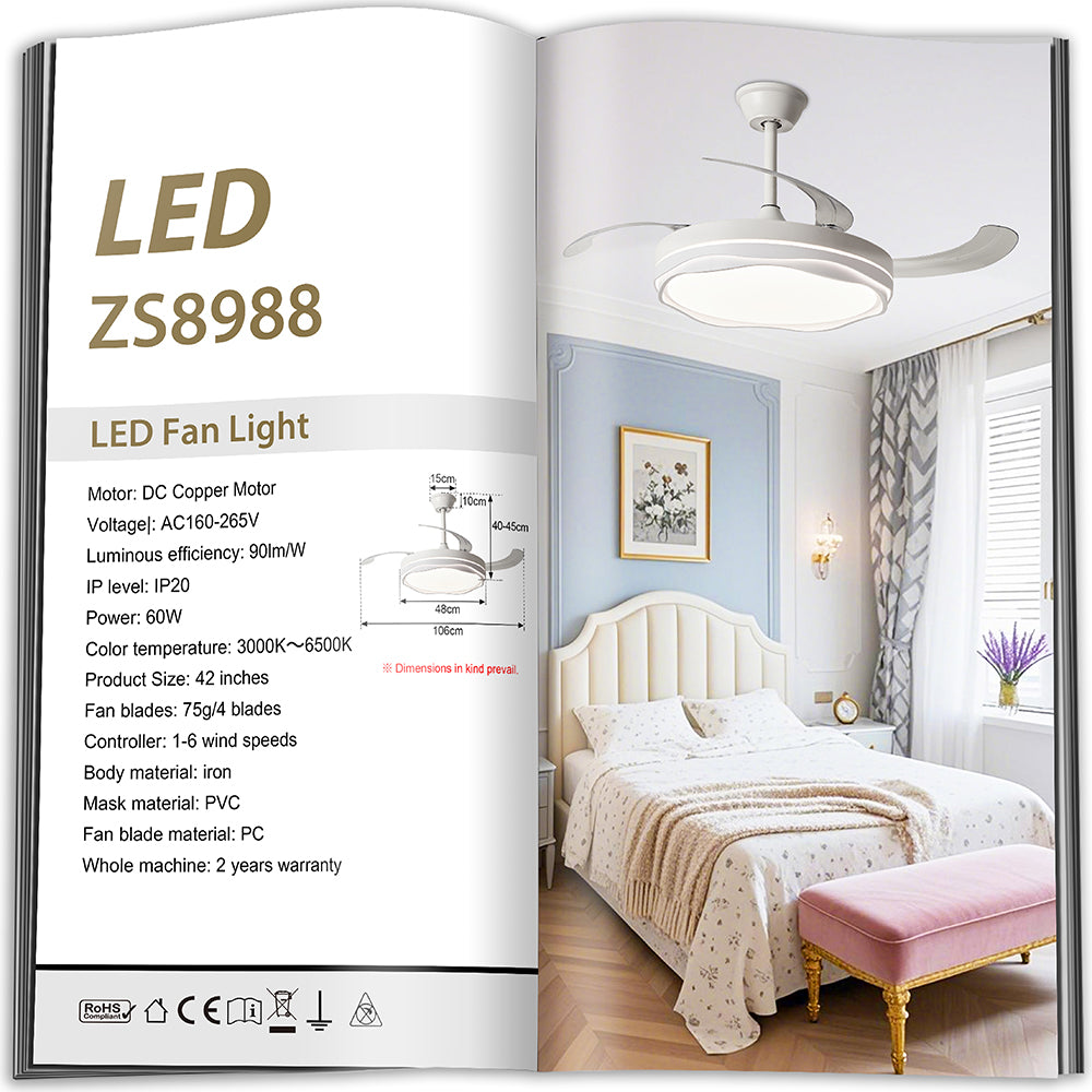 Ventilador de Techo LED 42" Hola LED ZS8988 – 60W, 6 Velocidades, Motor CC Silencioso y Regulable con Control Remoto